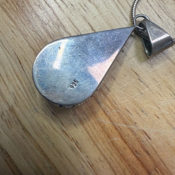 Sterling Silver Necklace With Teardrop Iridescent Pendant & Intricate Beaded - Picture 9 of 9